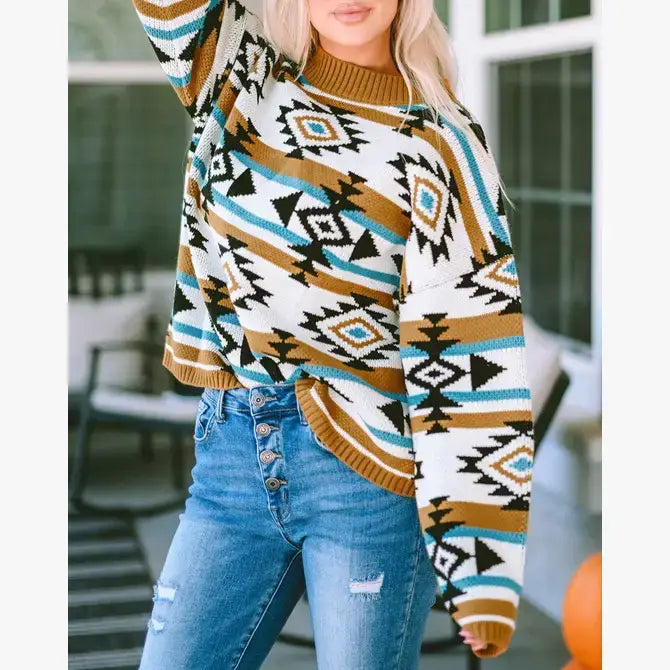 Aztec Stripe Ribbed Trim Sweater