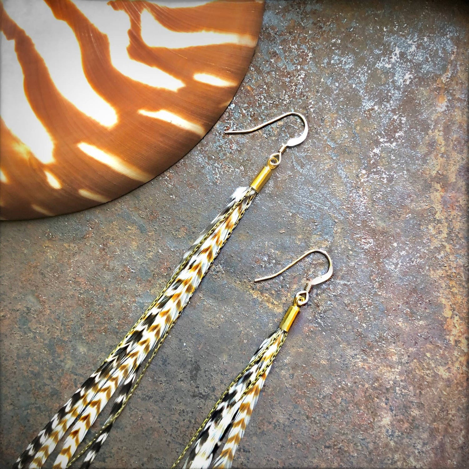 Mini Feather Earrings - Grizzly &amp; Ginger/Gold, Boho Western: Grizzly &amp; Ginger / Gold