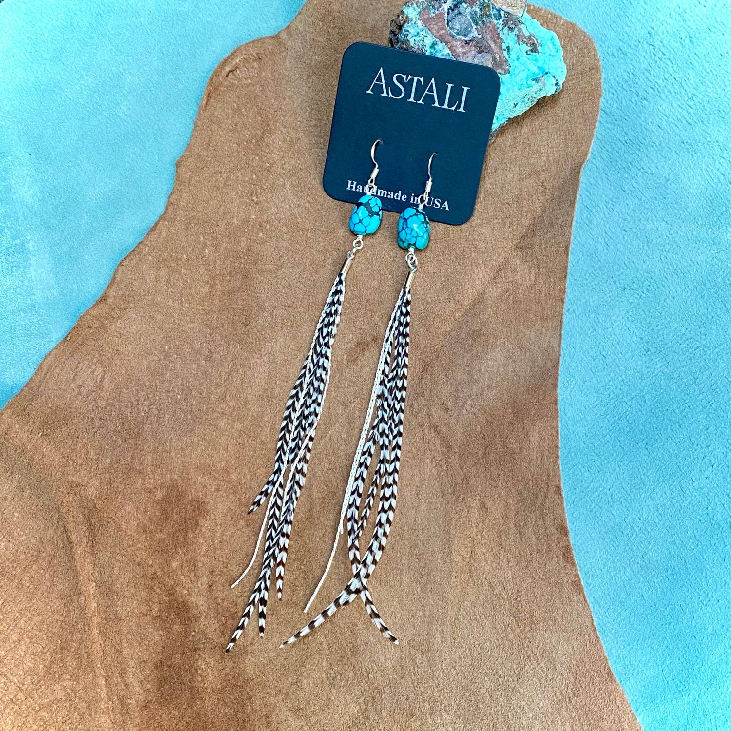 Turquoise &amp; Mini Feather Earrings - Grizzly/Silver, Western: Grizzly / Silver