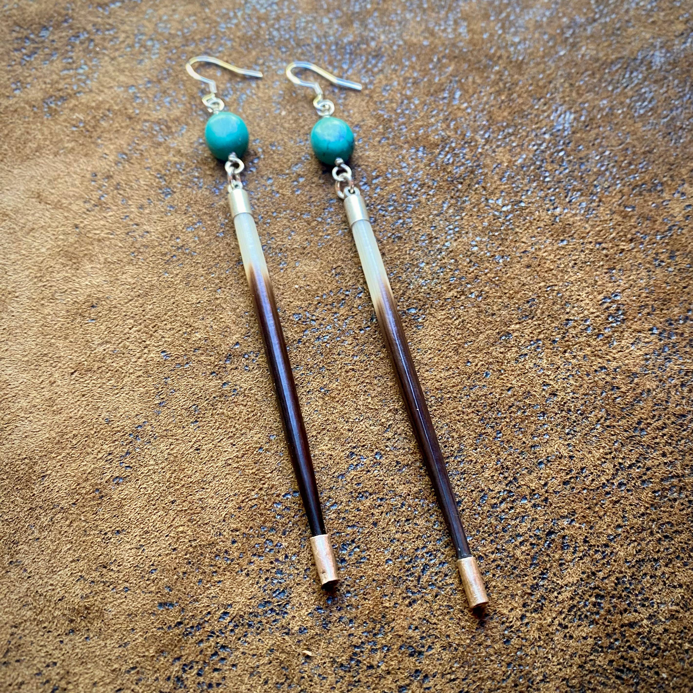 Porcupine Quill &amp; Turquoise Earrings, with Silver Earwires: Turquoise &amp; Silver