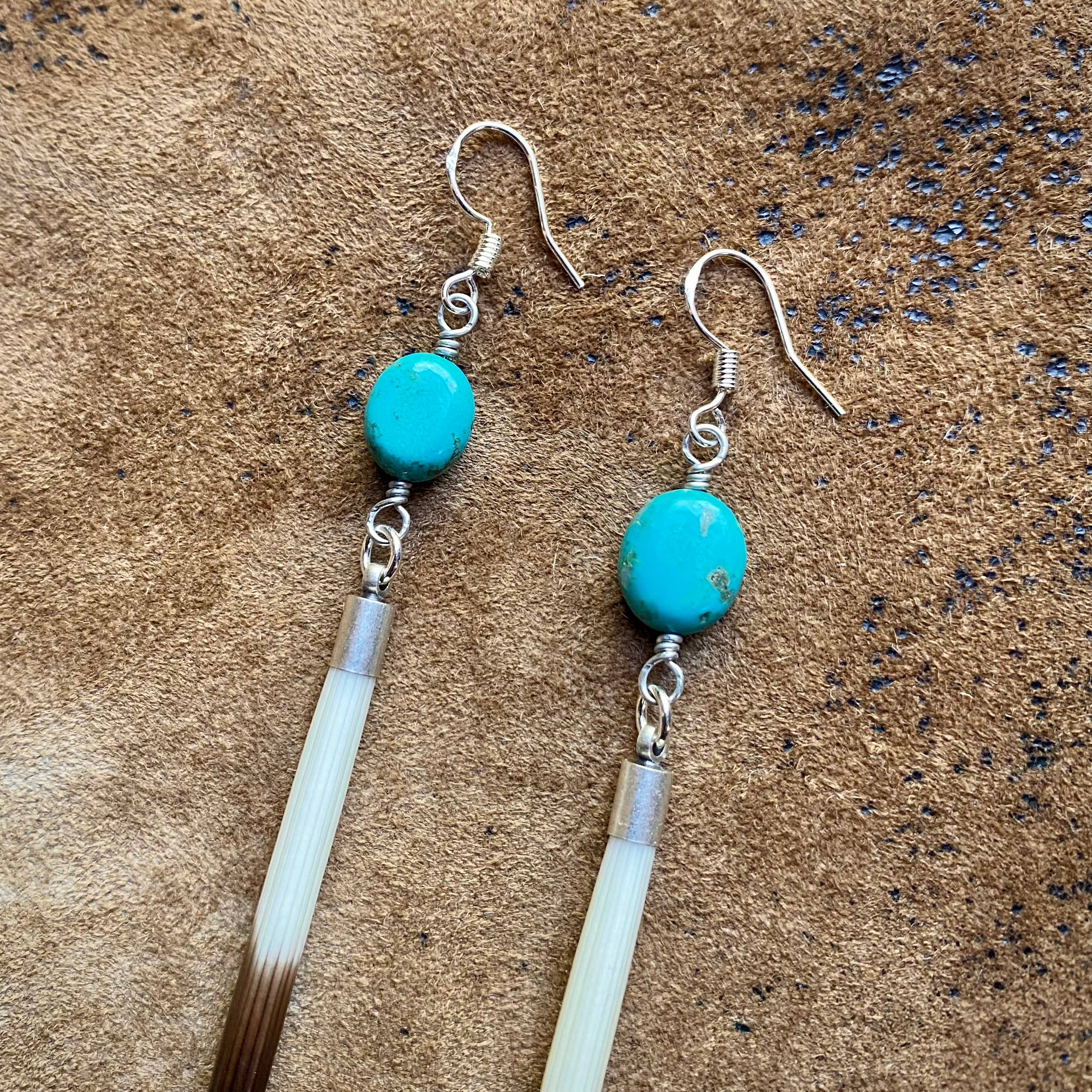Porcupine Quill &amp; Turquoise Earrings, with Silver Earwires: Turquoise &amp; Silver