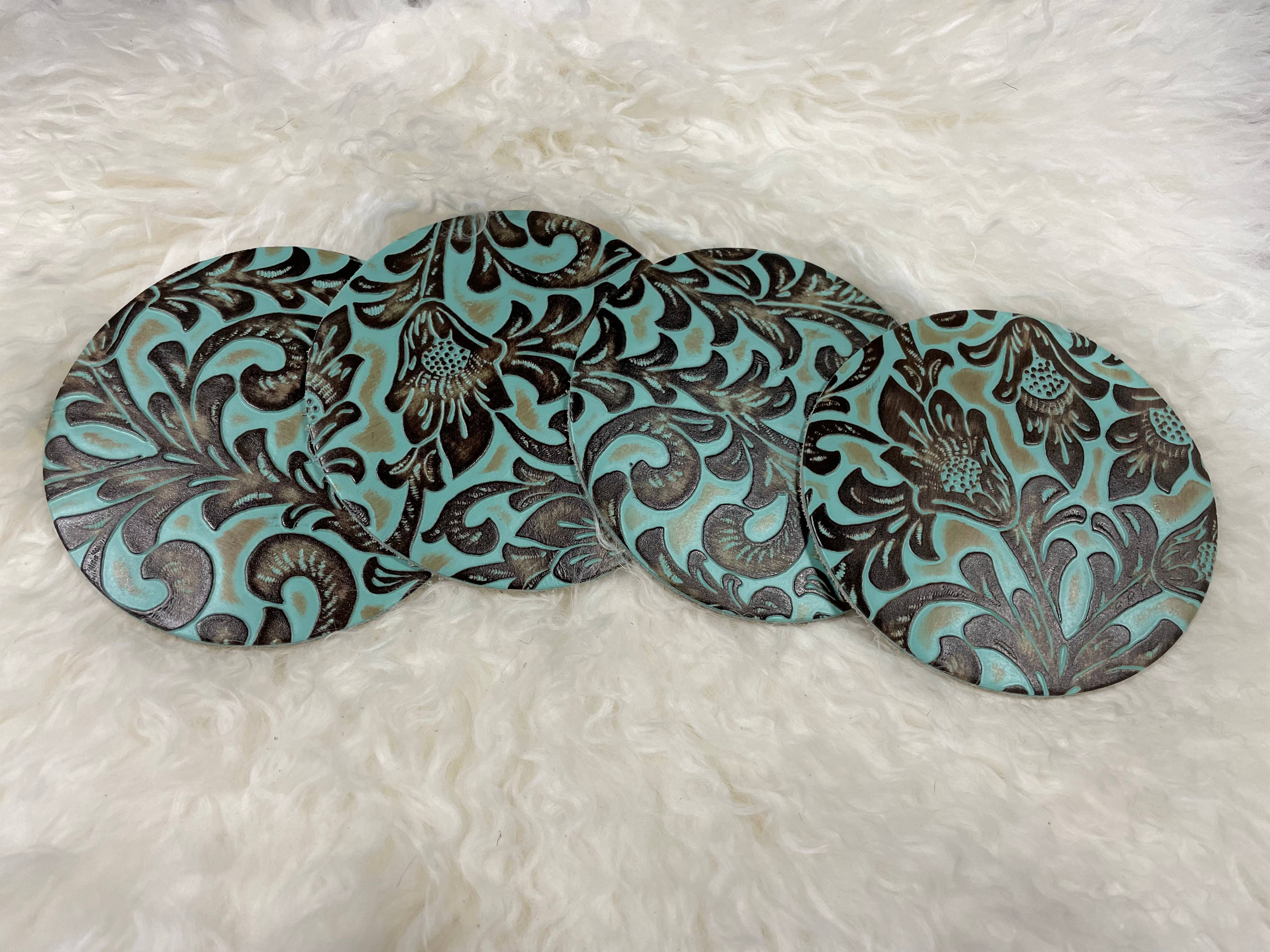 Turquoise Floral Embossed leather coaster, 4 Piece Set