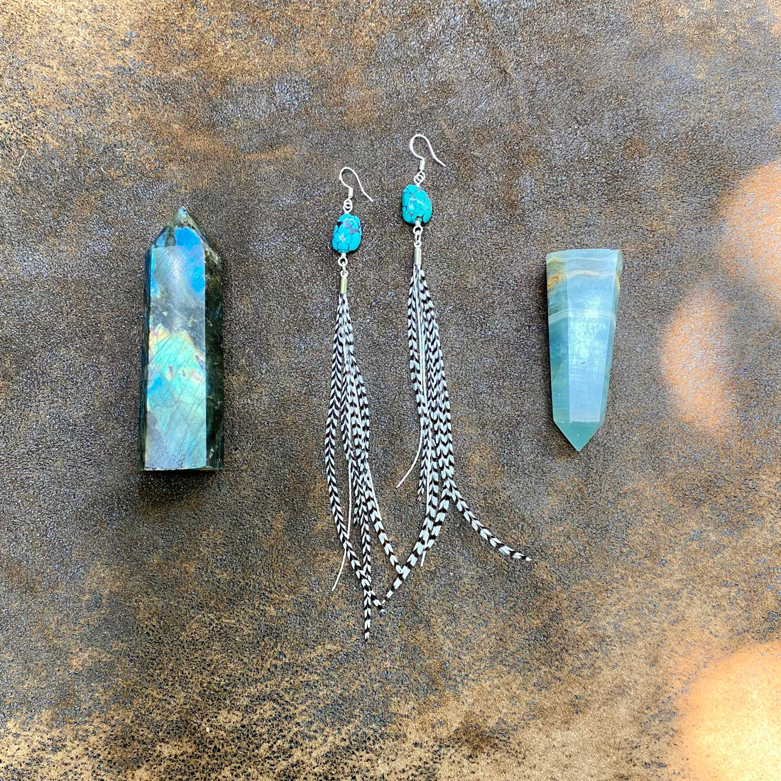 Turquoise &amp; Mini Feather Earrings - Grizzly/Silver, Western: Grizzly / Silver