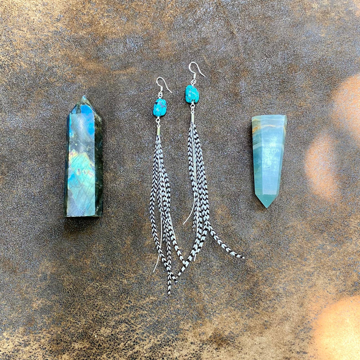 Turquoise &amp; Mini Feather Earrings - Grizzly/Silver, Western: Grizzly / Silver