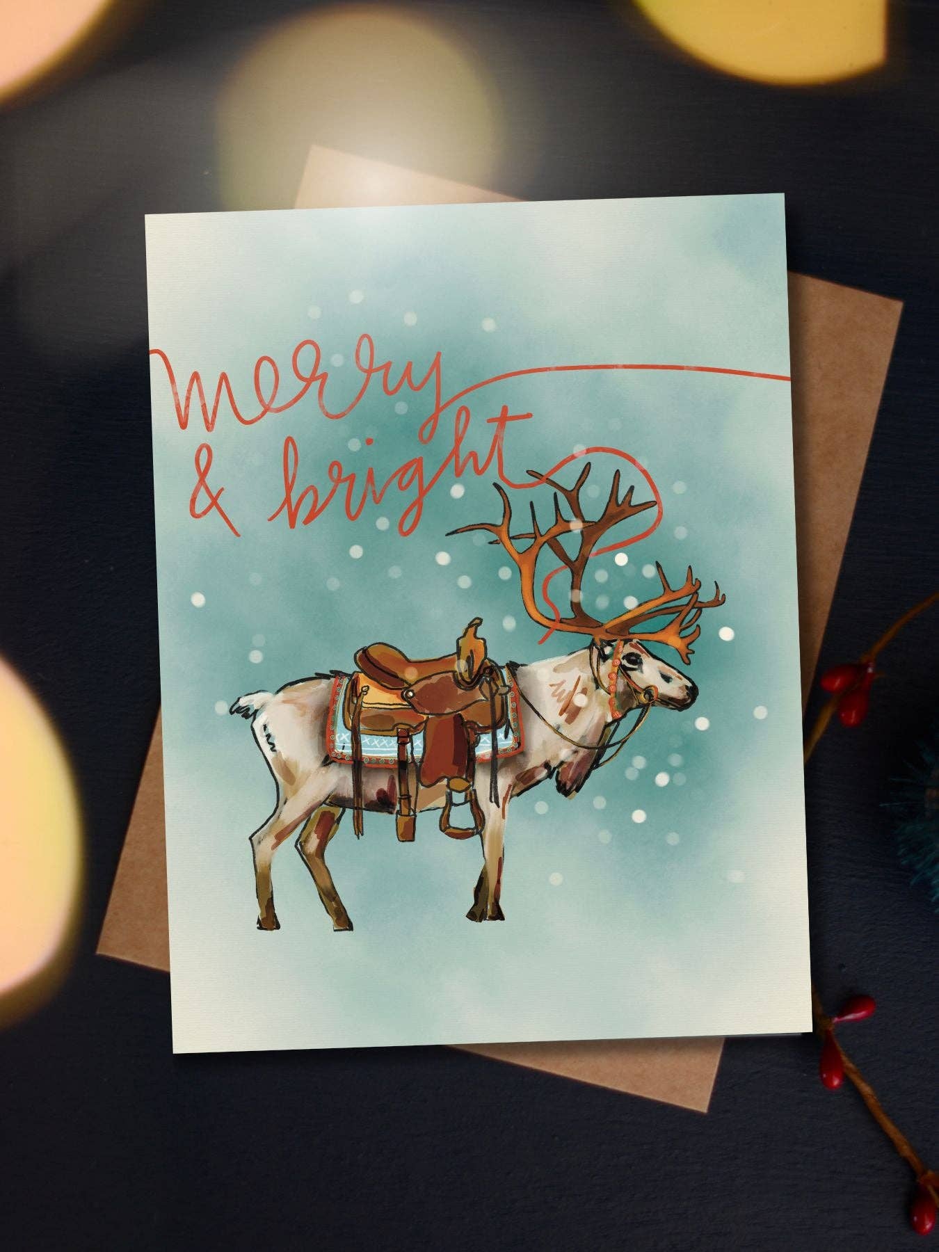 Merry &amp; Bright Reindeer Saddle Western Holiday Christmas Card