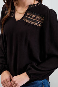 Rita Split Neckline Long Sleeve Top, Black