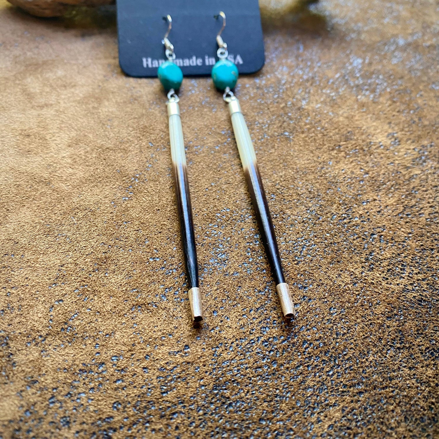 Porcupine Quill &amp; Turquoise Earrings, with Silver Earwires: Turquoise &amp; Silver