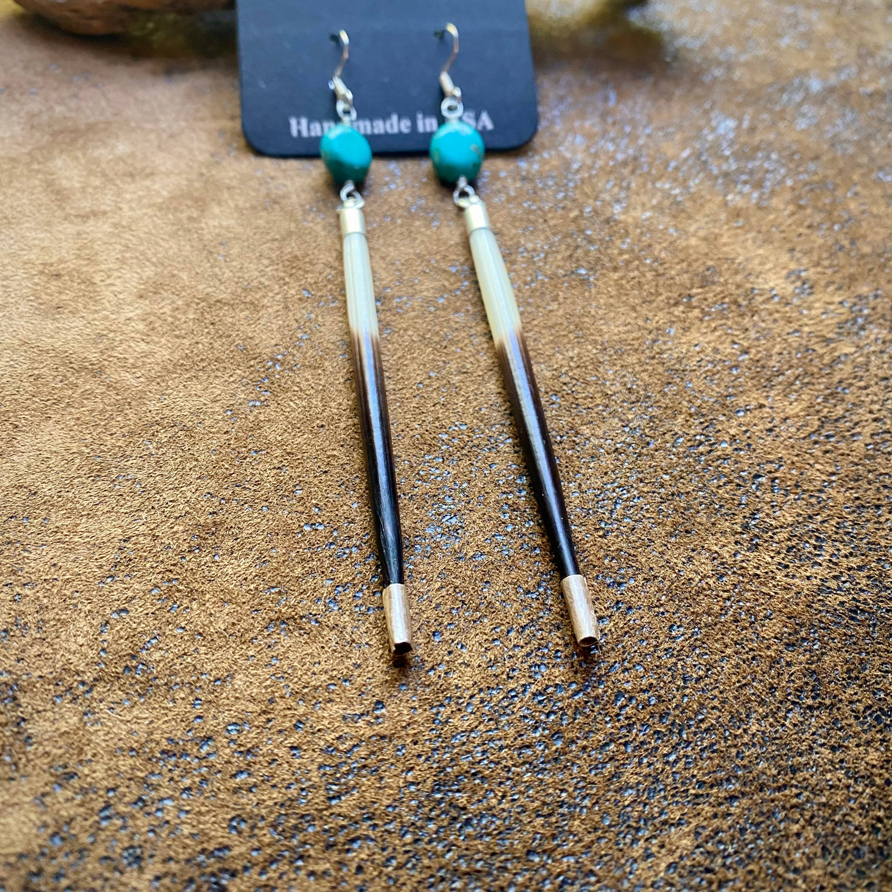Porcupine Quill &amp; Turquoise Earrings, with Silver Earwires: Turquoise &amp; Silver
