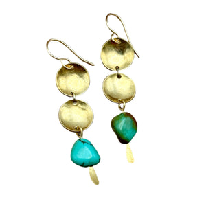 Handmade Desert Cascade Earrings featuring two gold circular dapped pendants with a turquoise nugget, hanging from hypoallergenic 14k gold-filled ear wires.