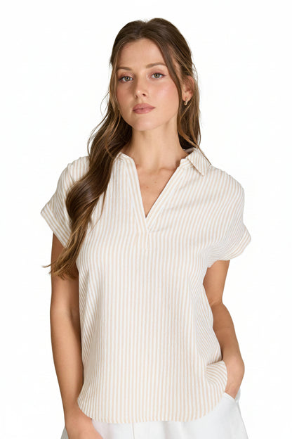 Light striped collared blouse with short cuffed sleeves and relaxed fit