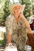 Women’s western faux wrap top with smocked waist and 3/4 length bell sleeves