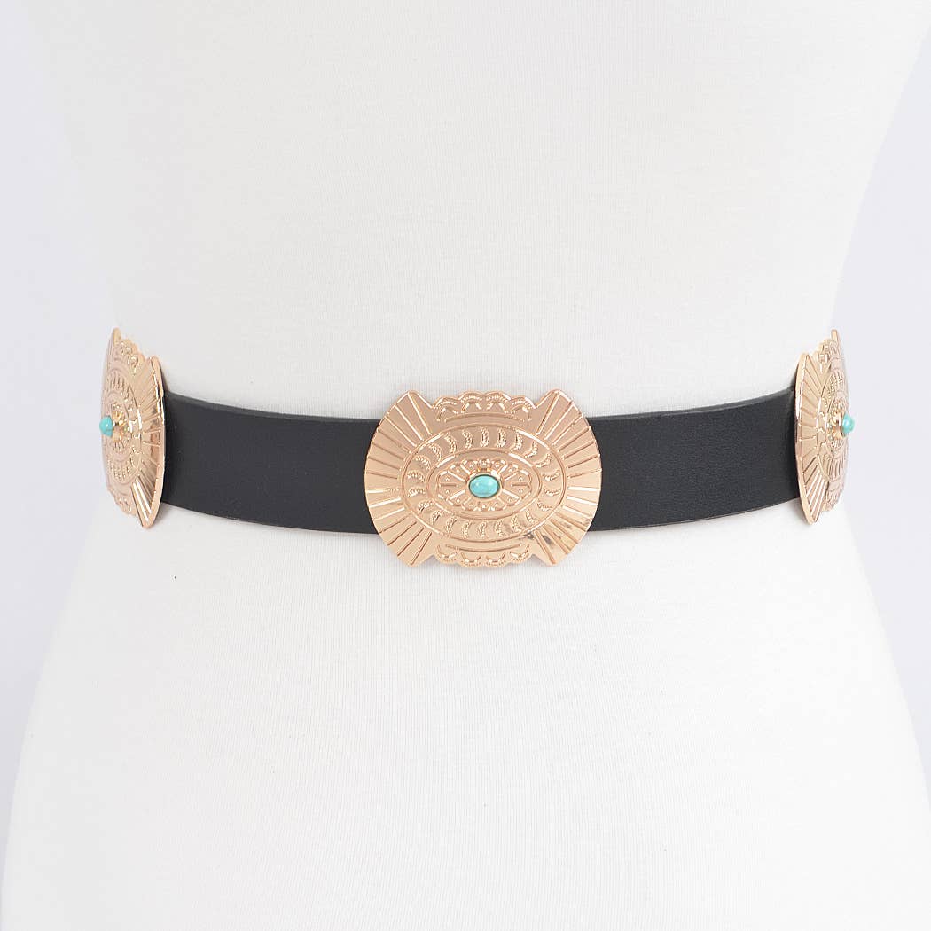 Black western concho belt with gold metal plates and turquoise stone detail for waist styling over dresses or denim