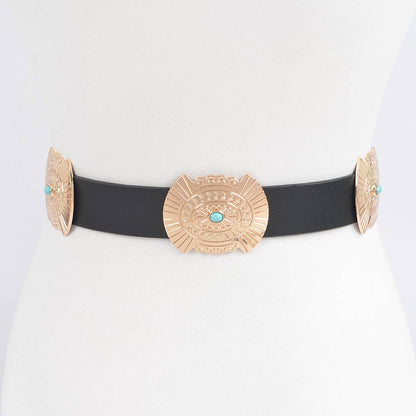 Black western concho belt with gold metal plates and turquoise stone detail for waist styling over dresses or denim