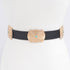Black western concho belt with gold metal plates and turquoise stone detail for waist styling over dresses or denim
