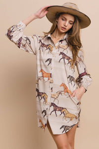 Training Horses Print Button Down Shirt Dress