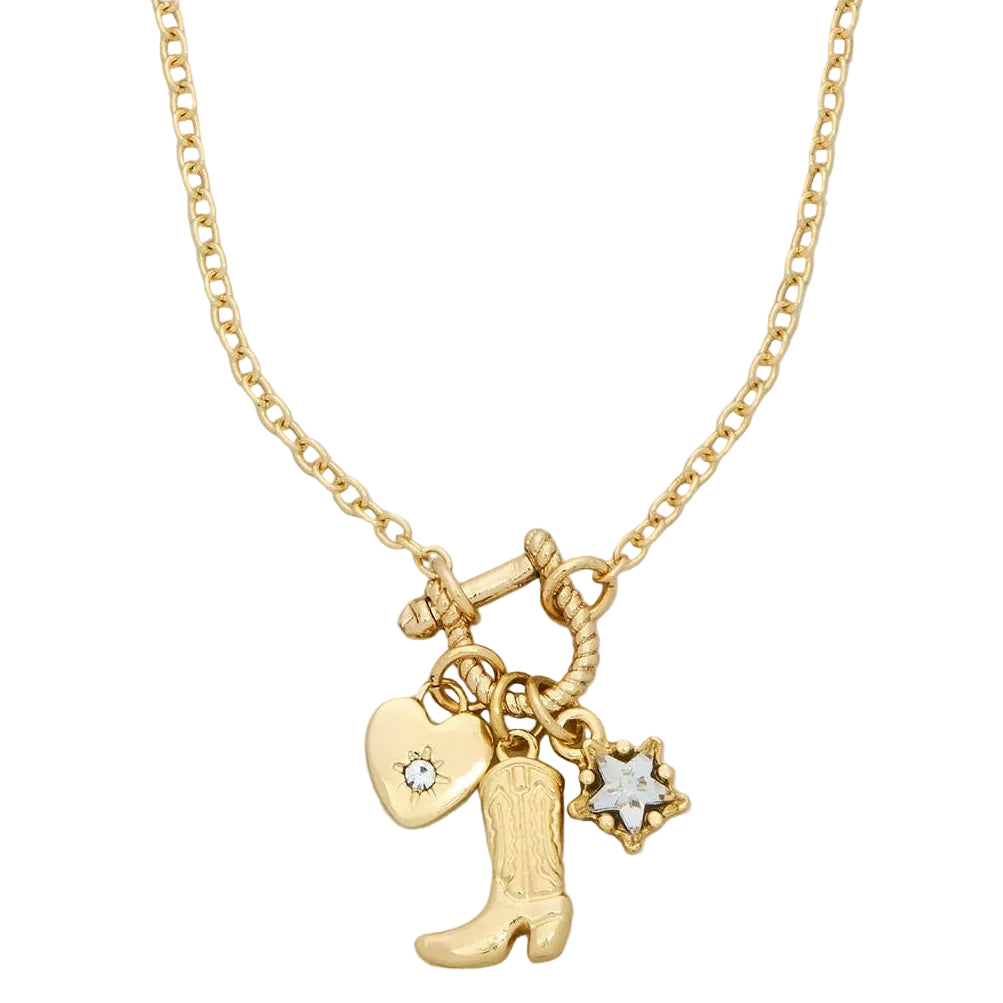 Gold necklace with a cowboy boot, heart, and star charm on a gray background