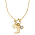 Gold necklace with a cowboy boot, heart, and star charm on a gray background