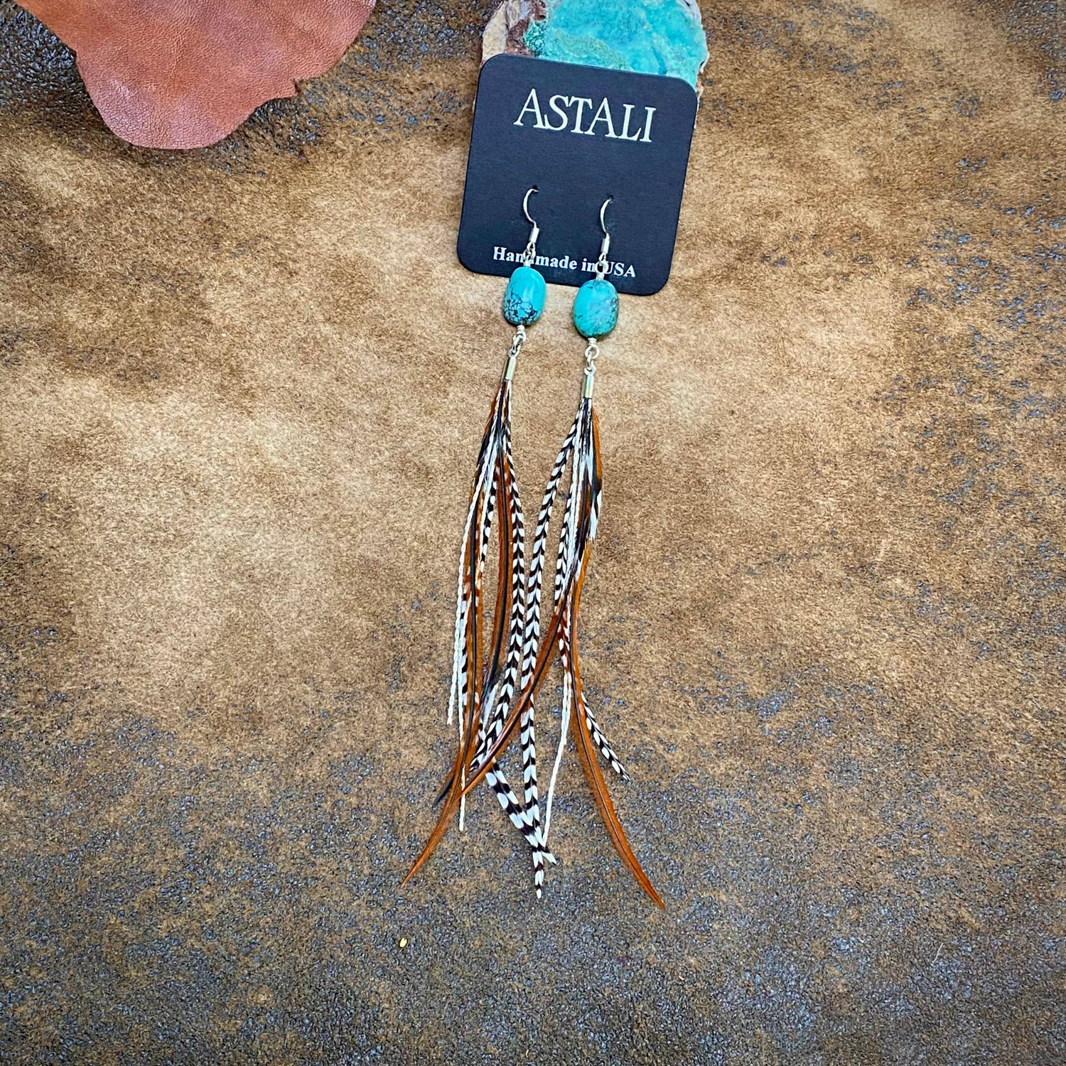 Turquoise &amp; Mini Feather Earrings - Grizzly &amp; Fawn/Silver: Grizzly &amp; Fawn / Silver