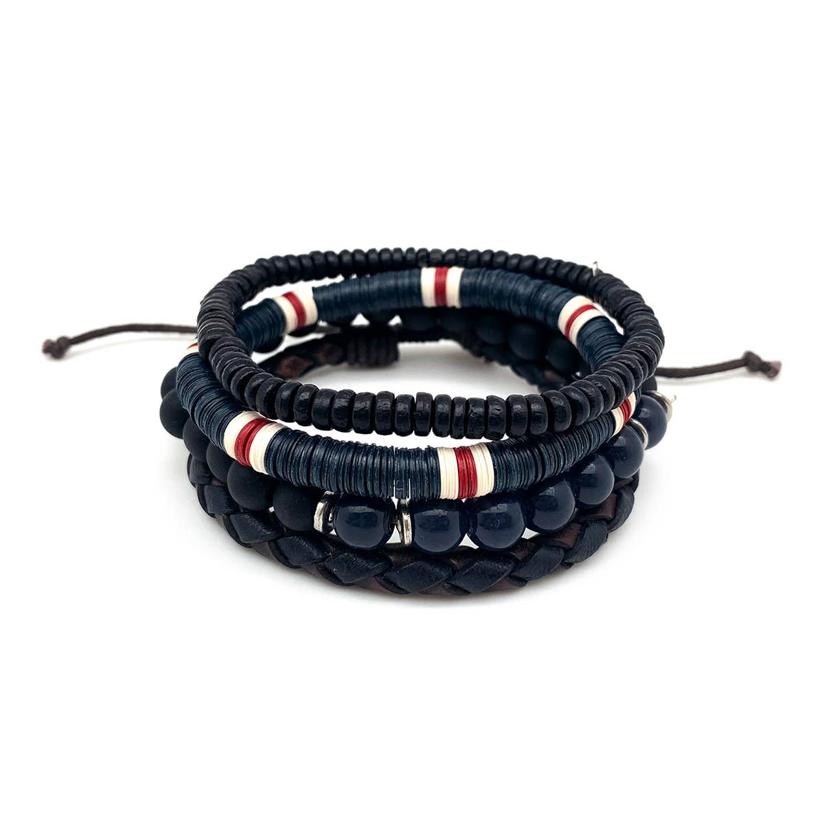 Aadi Navy Red Black Beads and Leather Men's Bracelet Set