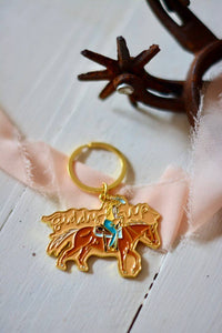 Western Horse Rider Giddy Up Cowgirl Gold Enamel Keychain