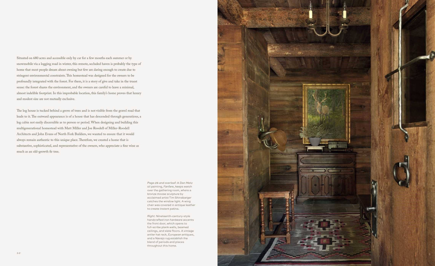Wooden interior with rustic decor, including a painting on the wall and wooden furniture.