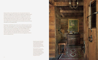 Wooden interior with rustic decor, including a painting on the wall and wooden furniture.