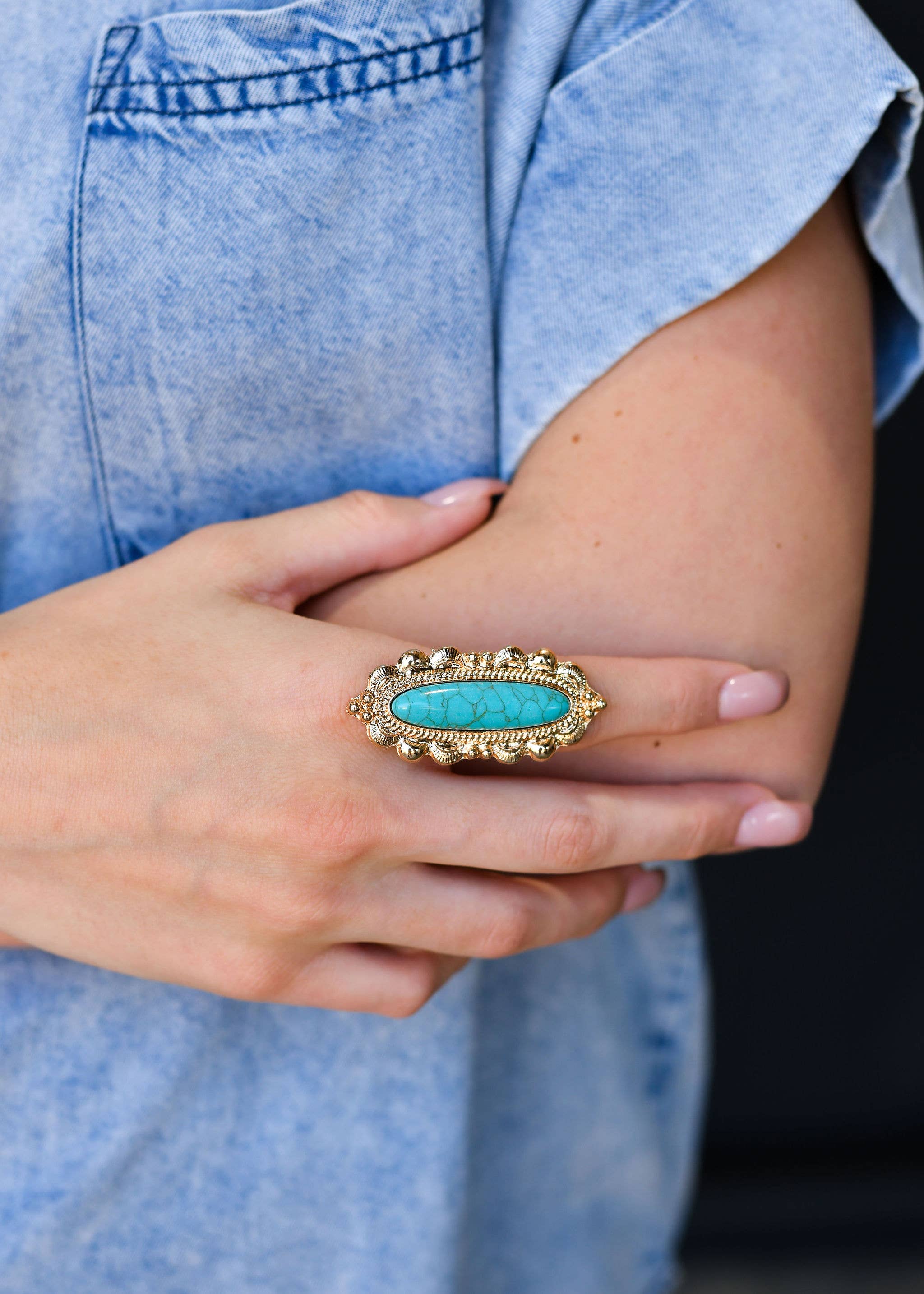 Adjustable Elongated Gold and Turquoise Ring