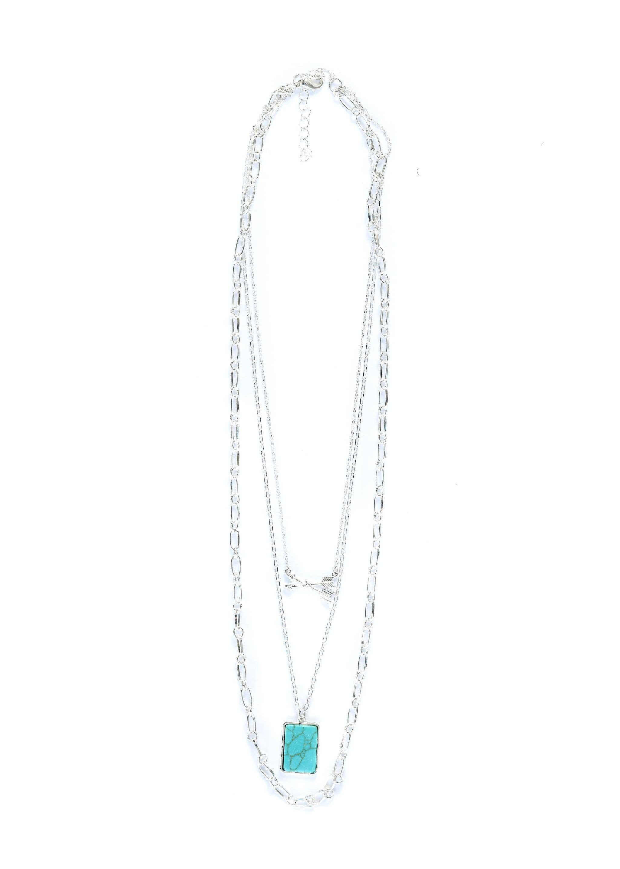 24" Layered Silver Necklace w/ Arrows & Turquoise Accents