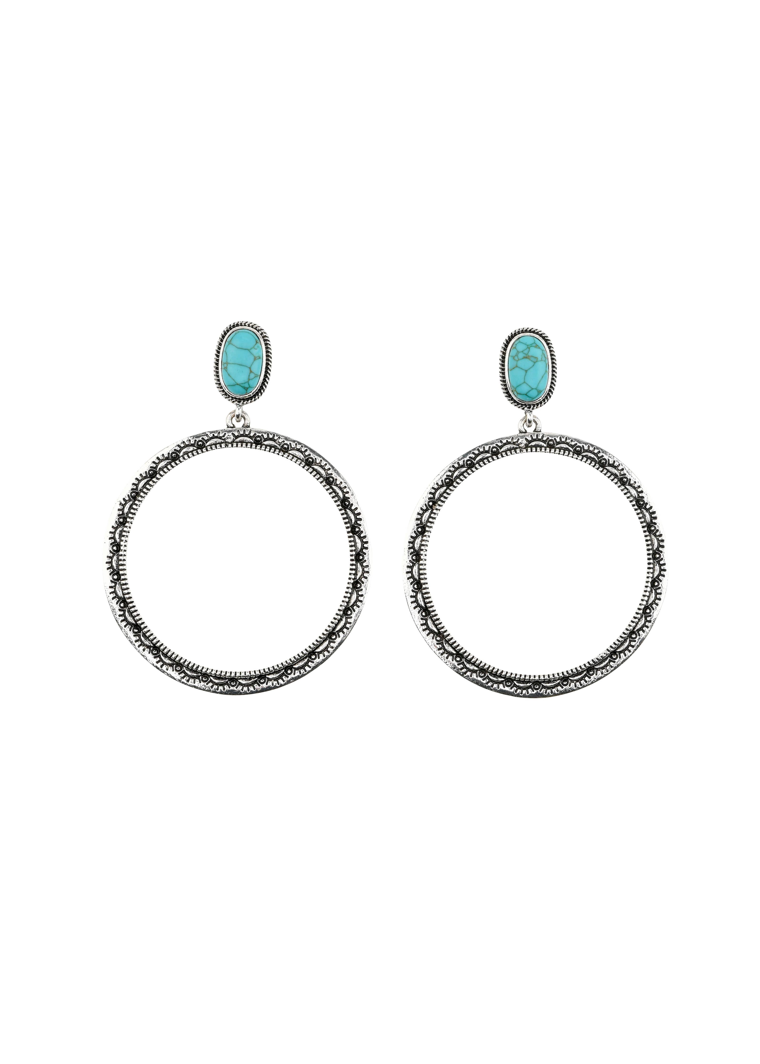 Turquoise Post Burnished Silver Stamped Hoop Earrings