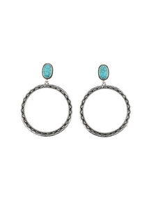 Turquoise Post Burnished Silver Stamped Hoop Earrings