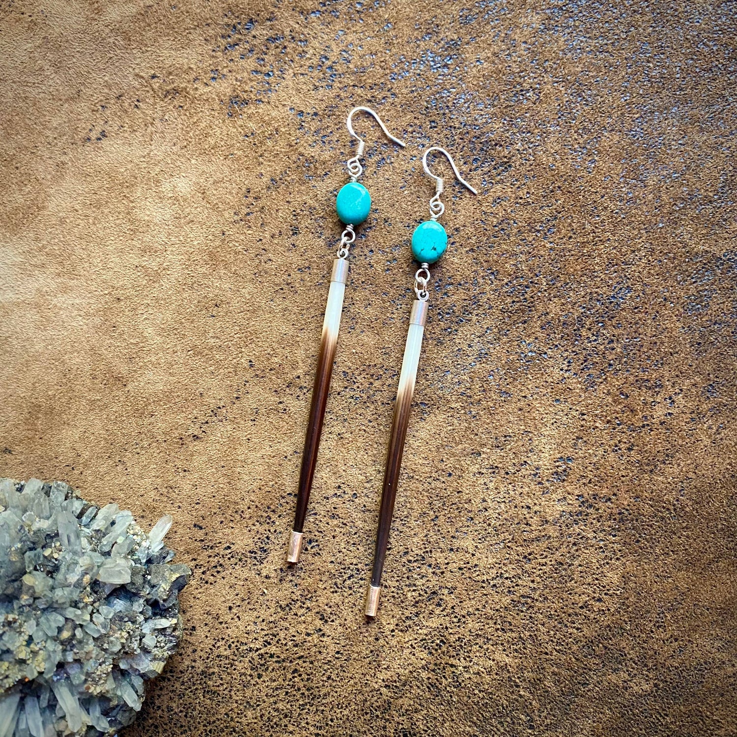 Porcupine Quill &amp; Turquoise Earrings, with Silver Earwires: Turquoise &amp; Silver