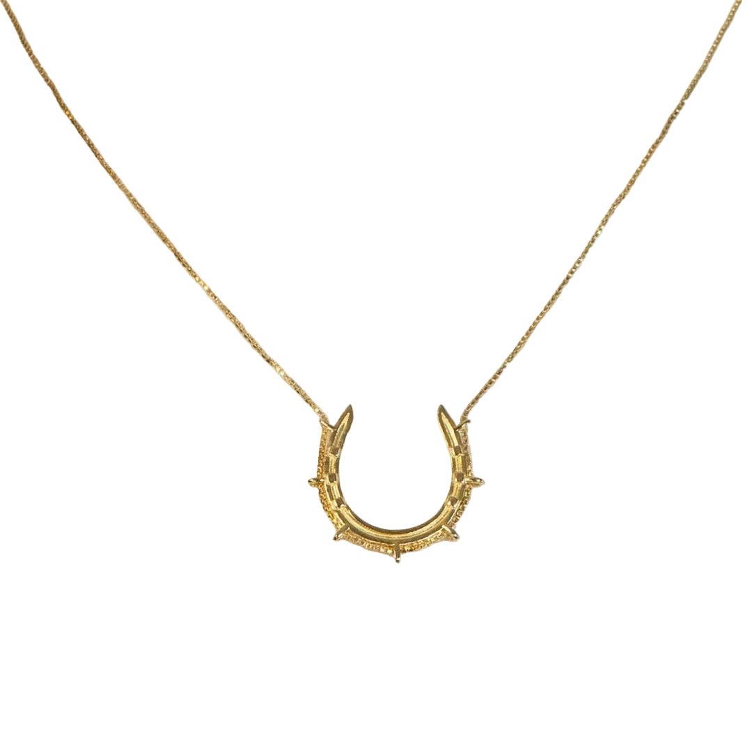 Gold horseshoe necklace on a beige background