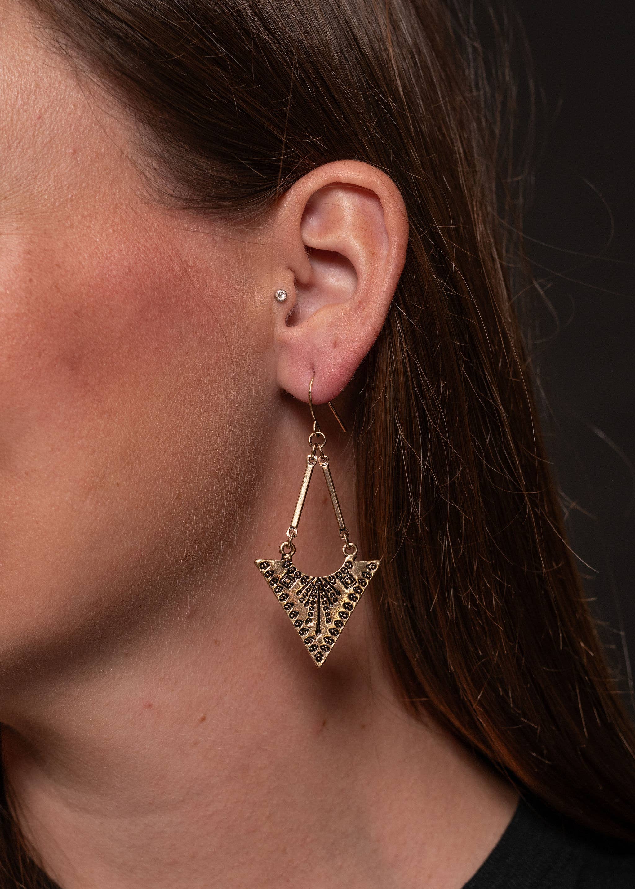 Burnished Gold Triangle Stamped Drop Earring