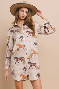 Training Horses Print Button Down Shirt Dress