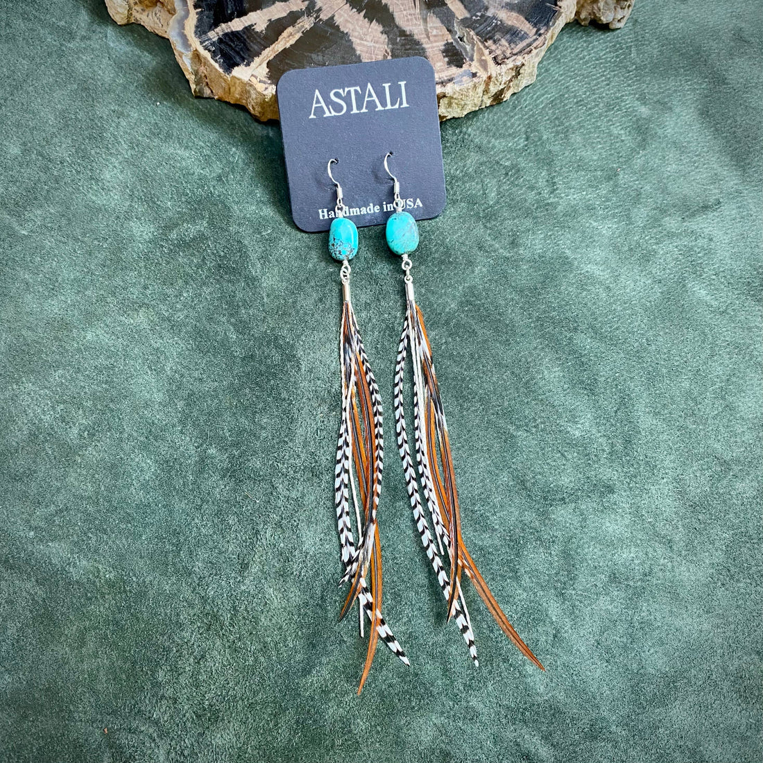 Turquoise &amp; Mini Feather Earrings - Grizzly &amp; Fawn/Silver: Grizzly &amp; Fawn / Silver
