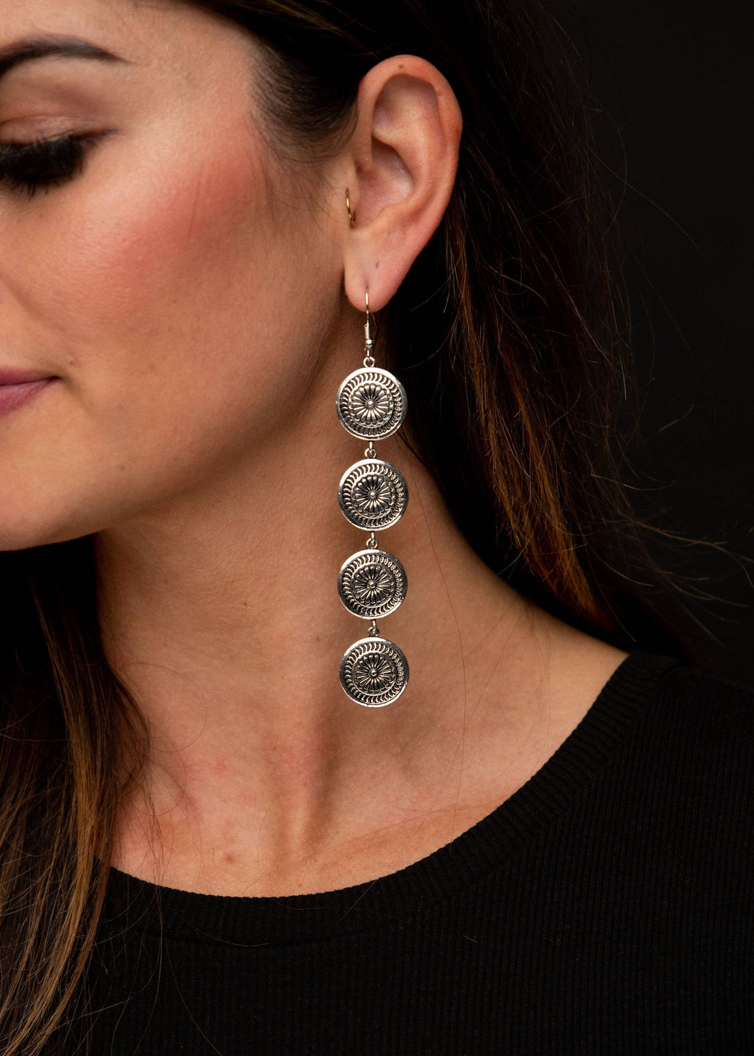 3.75&quot; Burnished Silver 4 Tier Stamped Concho Earrings