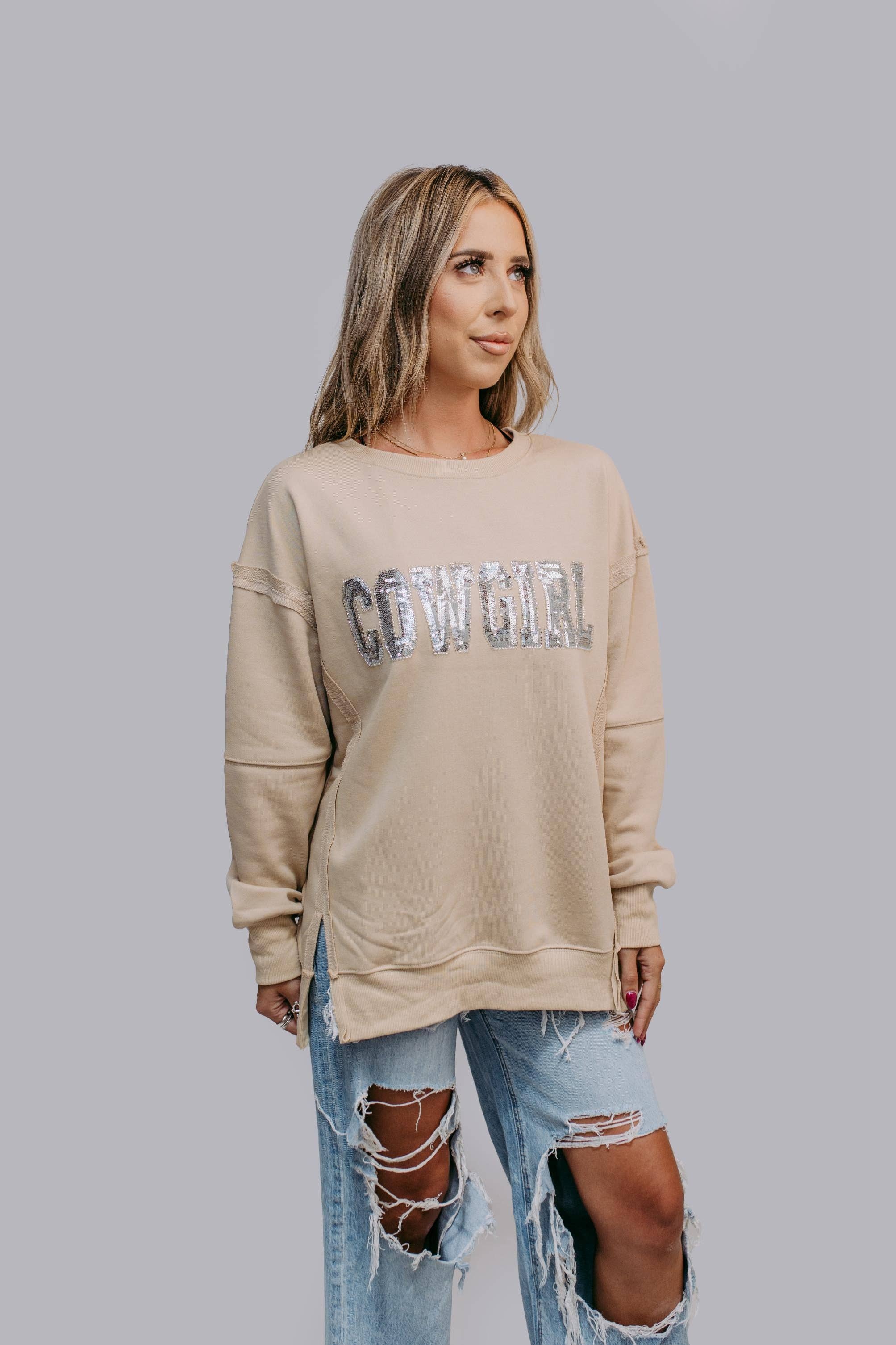 Rhinestone Cowgirl Sequin Sweatshirt, Tan