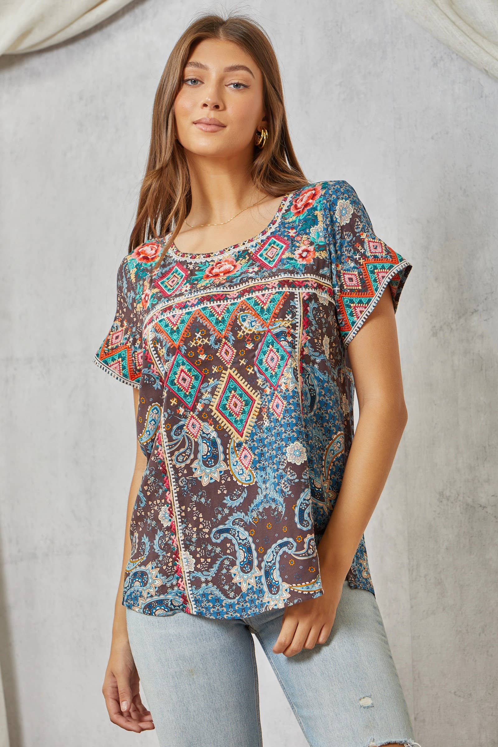 Braelyn Aztec Embroidery Top