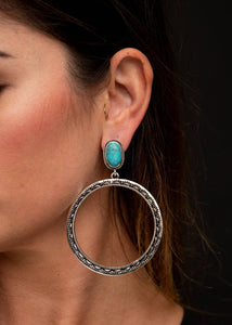 Turquoise Post Burnished Silver Stamped Hoop Earrings