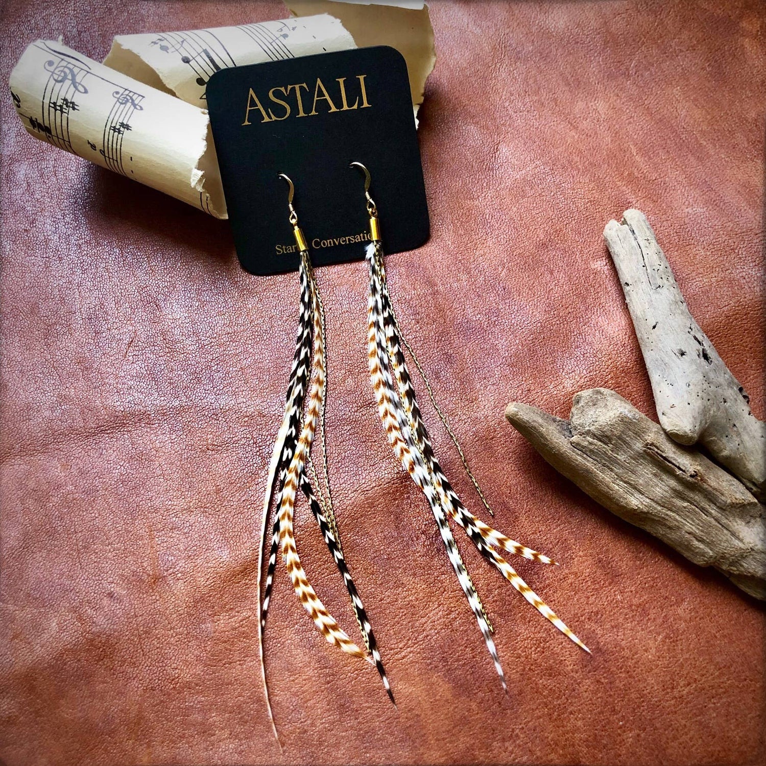 Mini Feather Earrings - Grizzly &amp; Ginger/Gold, Boho Western: Grizzly &amp; Ginger / Gold