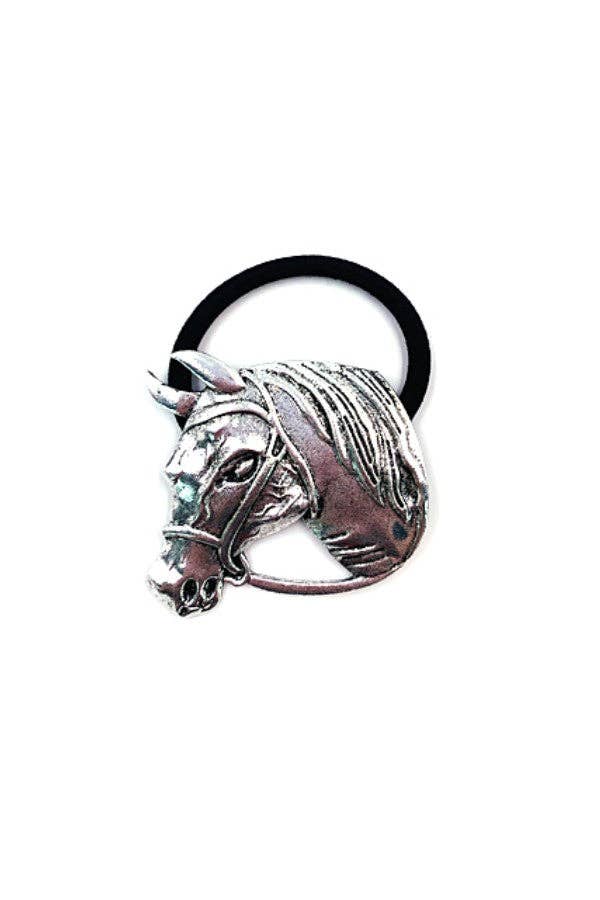 Silver horse head design on a black rubber band against a white background