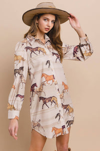 Training Horses Print Button Down Shirt Dress