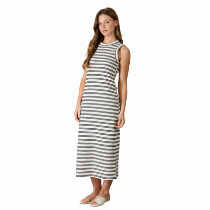 Sleeveless striped knit midi dress with back button detail and split hem