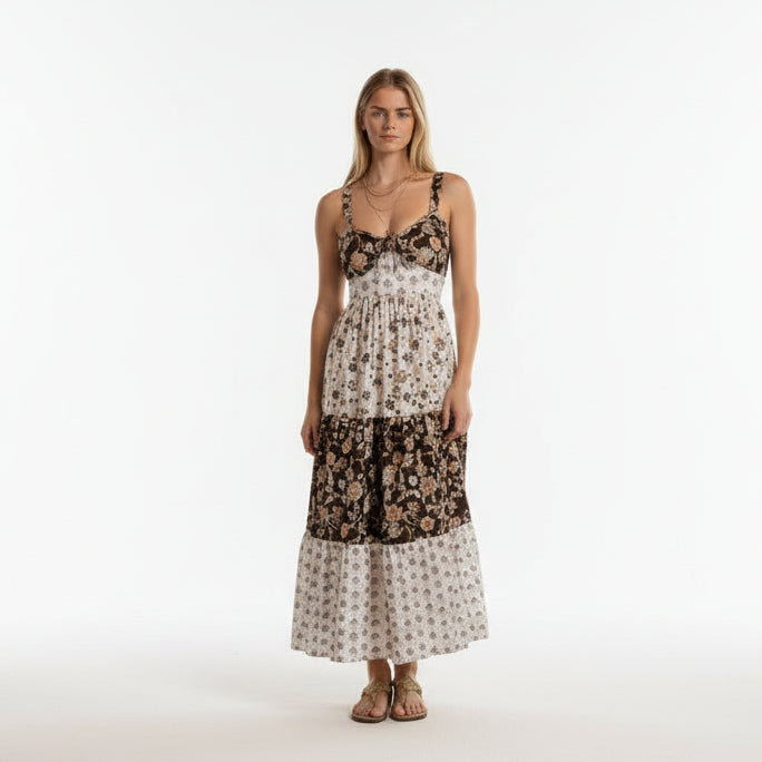 Western patchwork floral midi dress with adjustable straps, scoop neckline, and tiered skirt