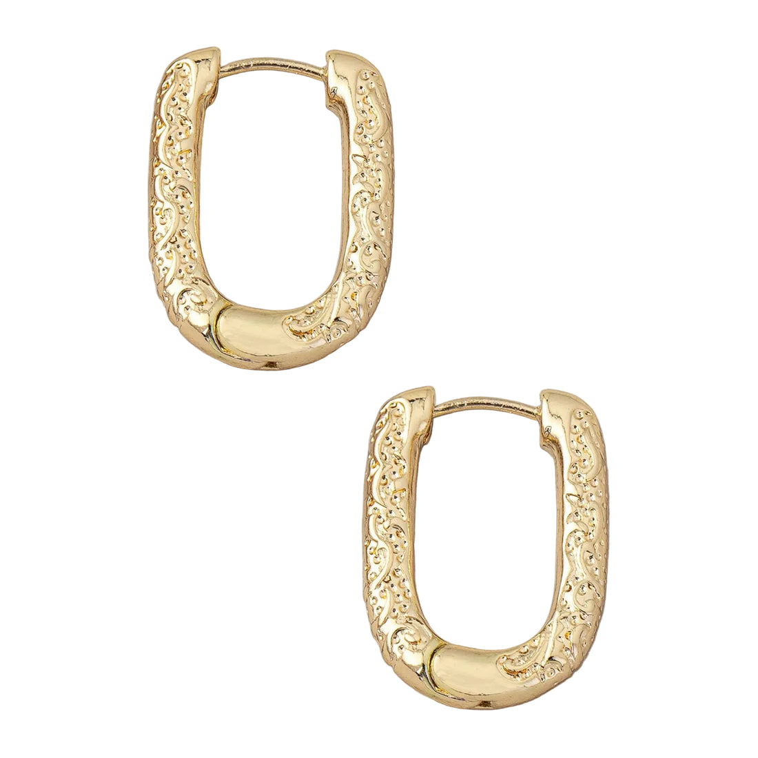 Gold hoop earrings on a light gray background