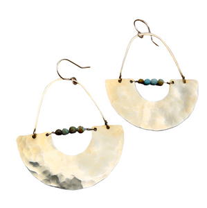 Handmade Gold Mesa Earrings featuring gold pendants with turquoise beads, hanging from hypoallergenic 14k gold-filled ear wires.