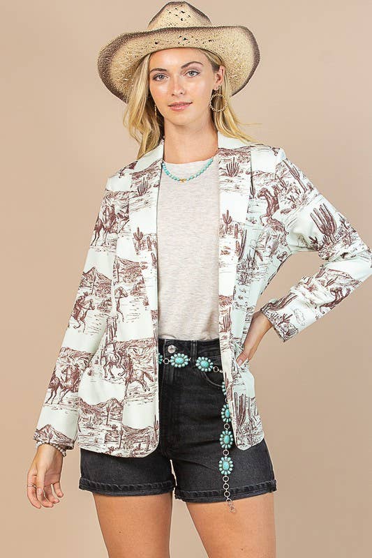 Western print lightweight woven blazer with pockets, featuring desert landscapes and cowboy scenes