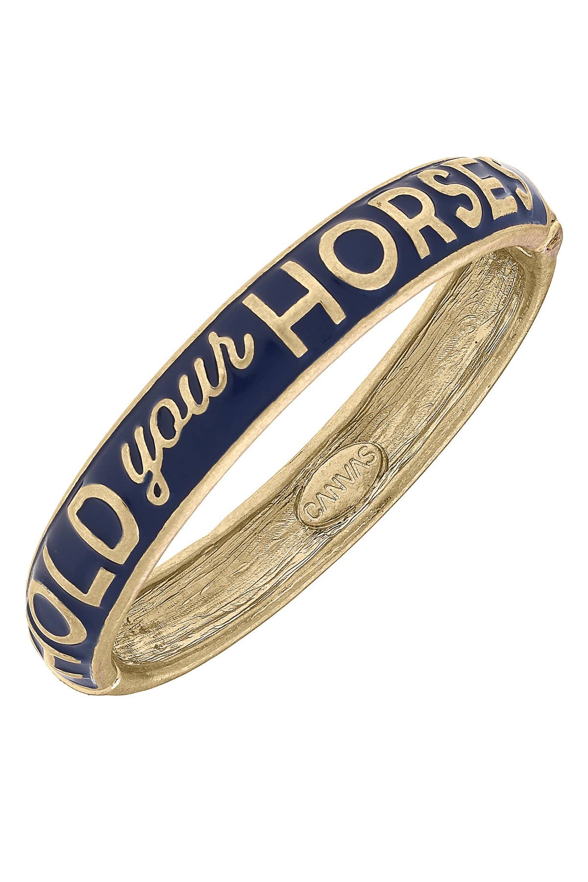 A gold-tone hinge bangle featuring deep navy enamel with the phrase &quot;Hold Your Horses&quot; in raised lettering. A bold and stylish accessory that adds an equestrian-inspired touch to any outfit.
