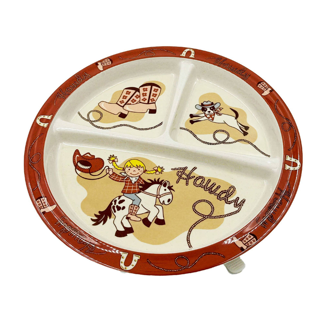 Western kids divided suction plate with cowgirl and horse design, three section melamine plate with silicone base for toddlers