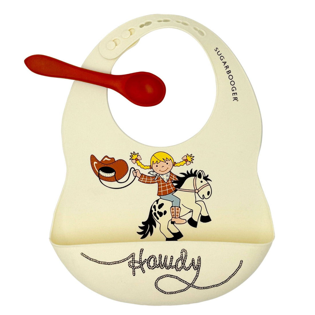 Silicone baby bib and spoon set with cowgirl and horse howdy design, adjustable bib with catch pocket and matching feeding spoon